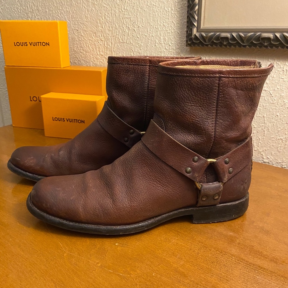 Frye Leather harness boots distressed look